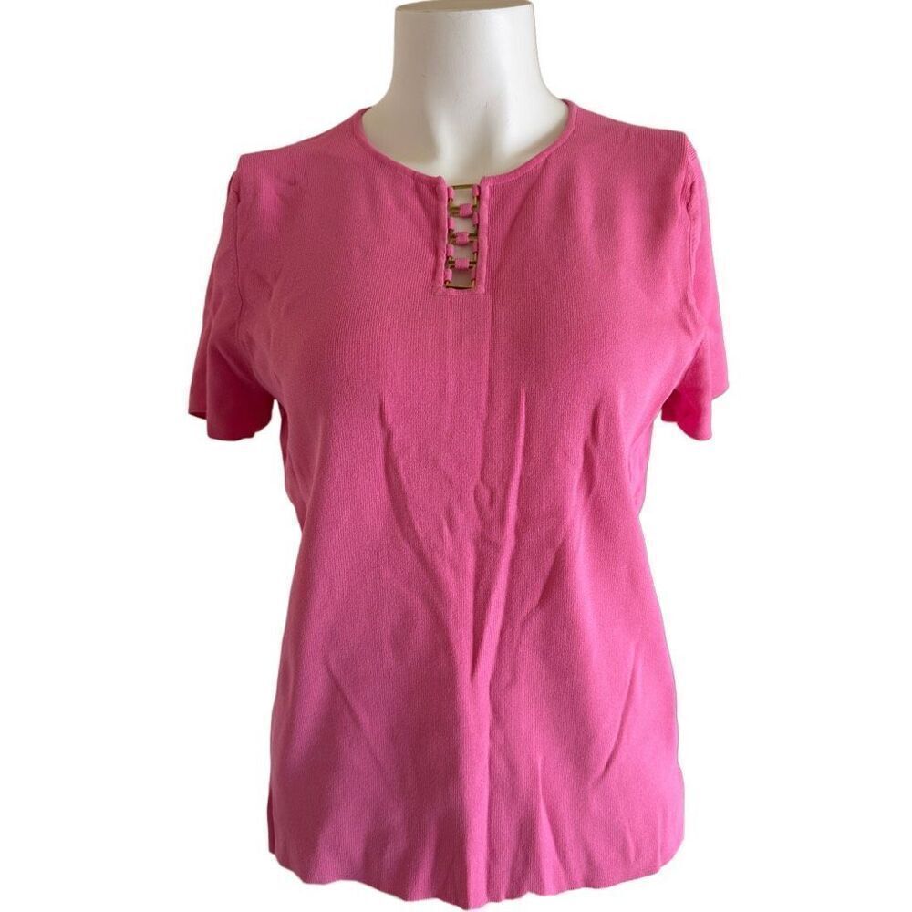 Cable & Gauge women’s Y2K gold buckle collar short sleeve blouse Large hot pink